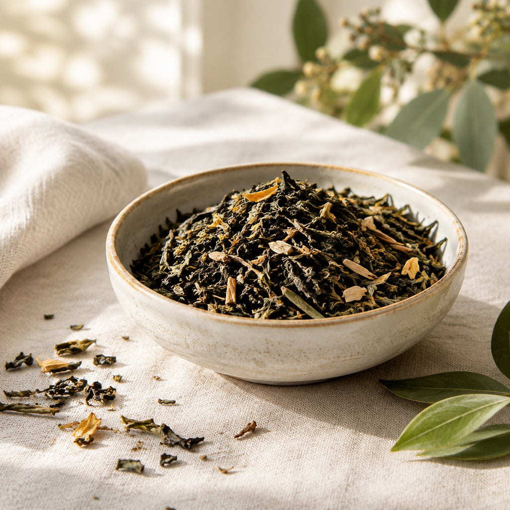 Close-up of loose-leaf tea for Uplift