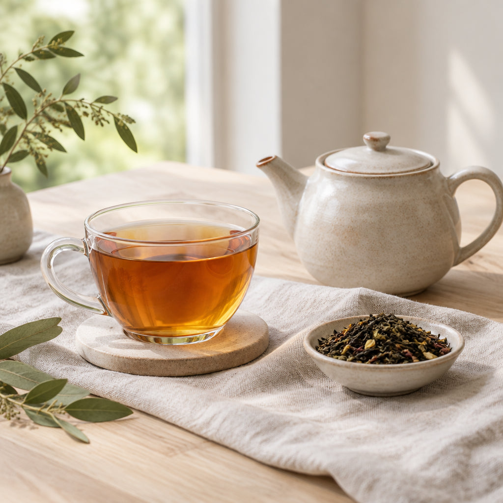 Glass cup of brewed tea beside a ceramic teapot